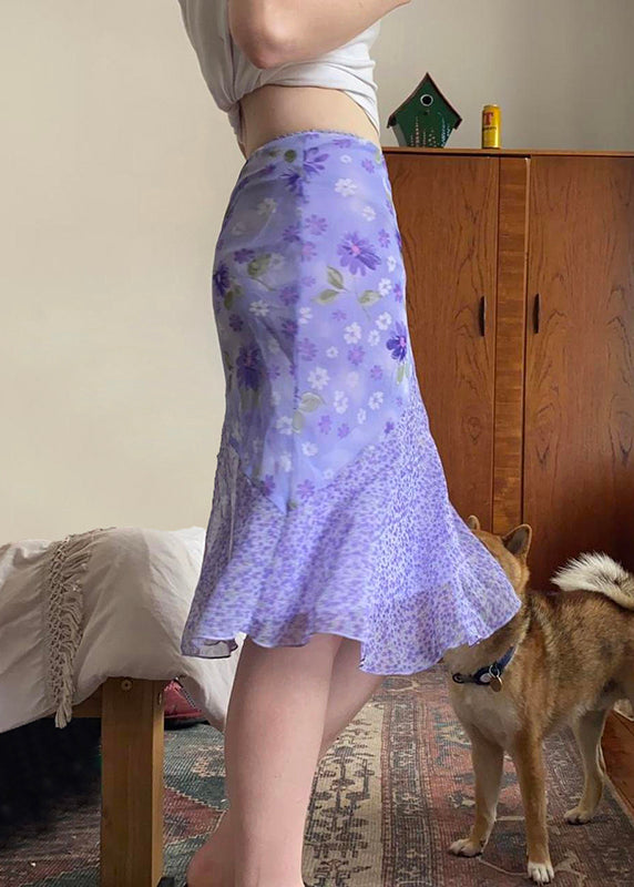 Purple Zippered Print Patchwork Chiffon Skirt Summer