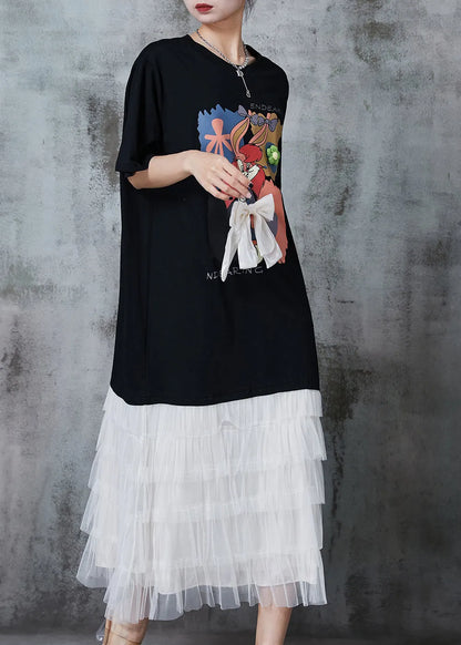 Black Cartoon Bow Patchwork Cotton Maxi Dresses Summer