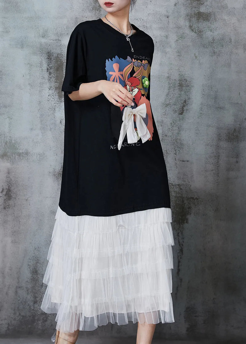 Black Cartoon Bow Patchwork Cotton Maxi Dresses Summer