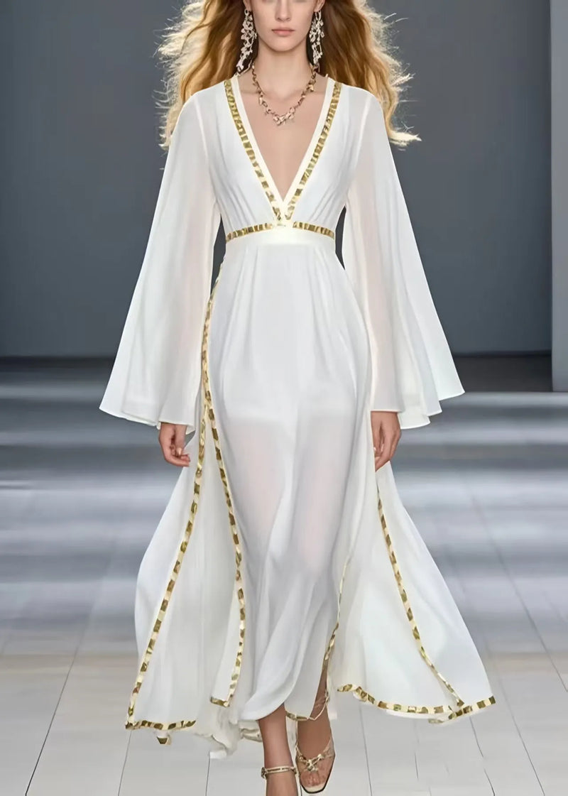 Unique White Patchwork Draping Chiffon Maxi Dresses Spring