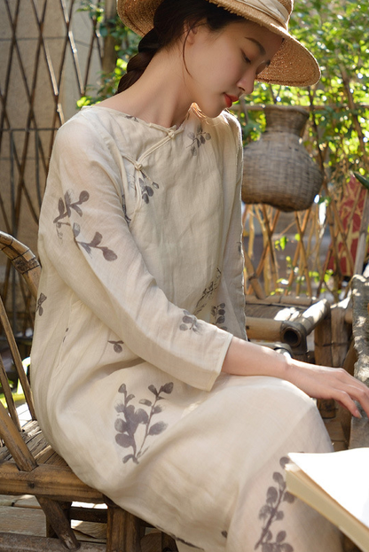 Summer Twill Ramie Print Dress Disc Button Cotton Linen Dress