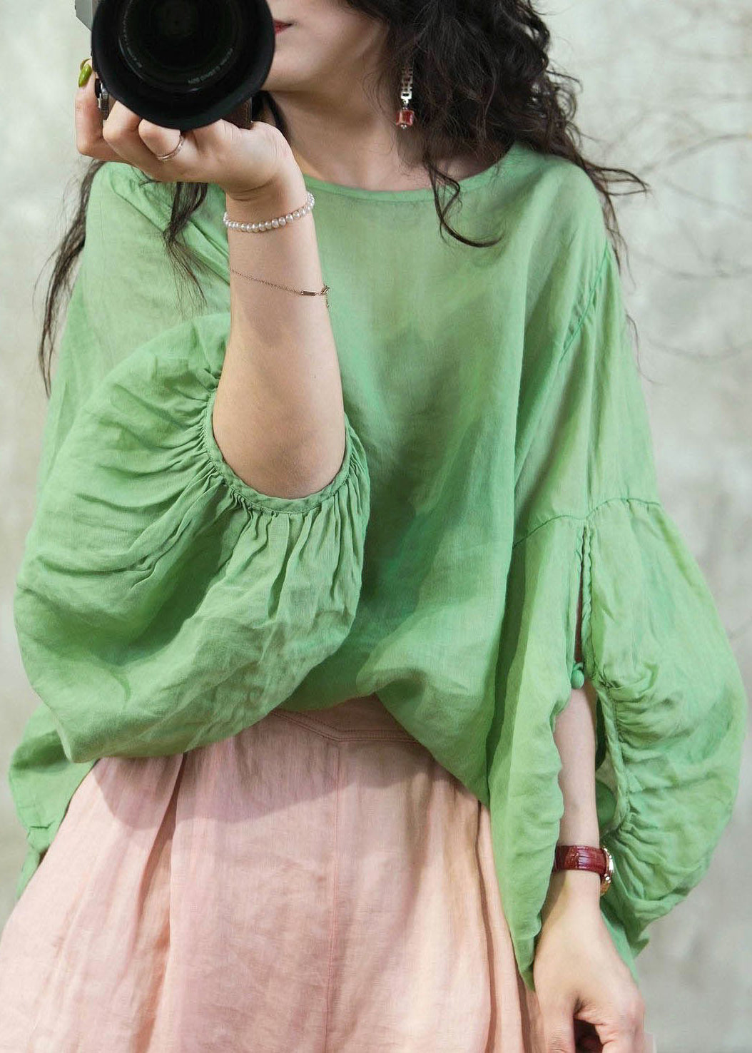 Grass Green O Neck Patchwork Cotton Top Lantern Sleeve