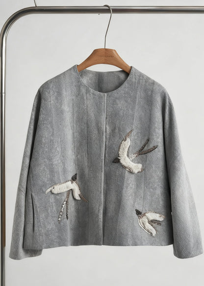 Style Khaki Embroidered Jacquard Silk Velvet Coat Outwear Fall