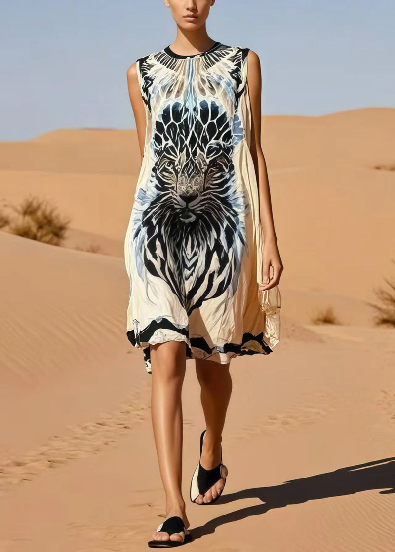 Beige Oversized Tiger Print Cotton Day Dress Sleeveless