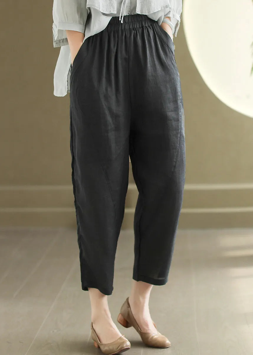 Orange Pockets Elastic Waist Linen Pants Summer