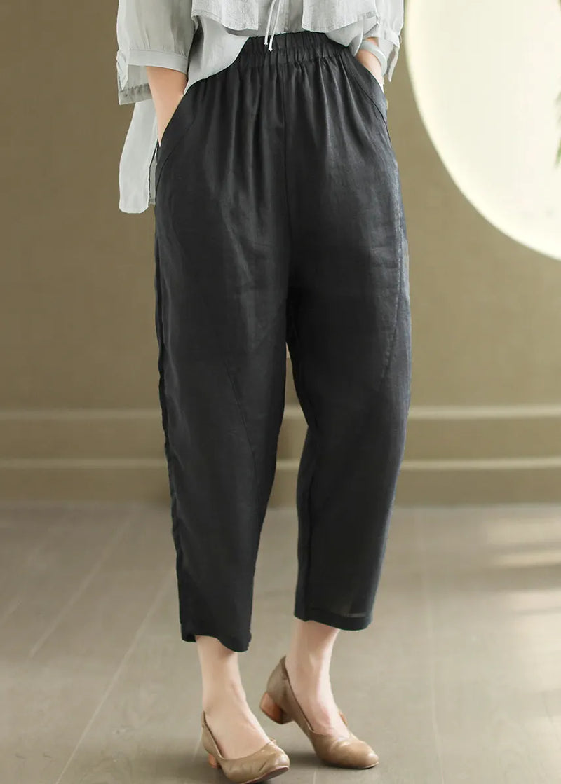 Orange Pockets Elastic Waist Linen Pants Summer
