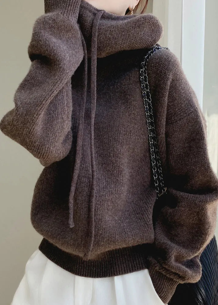 Brown Cozy Wool Knit Sweater Hooded Spring