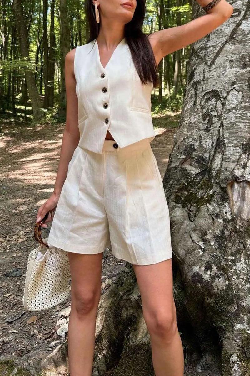 V Neck Button Front Vest Shorts Set