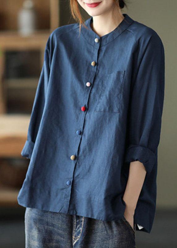 Modern White-purple Flower Loose Patchwork Pockets Fall Long Sleeve Blouse Top