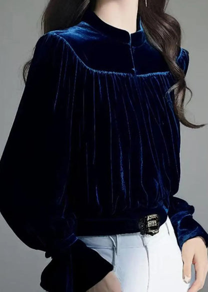 Slim Fit Navy Stand Collar Wrinkled Silk Velour Shirt Fall