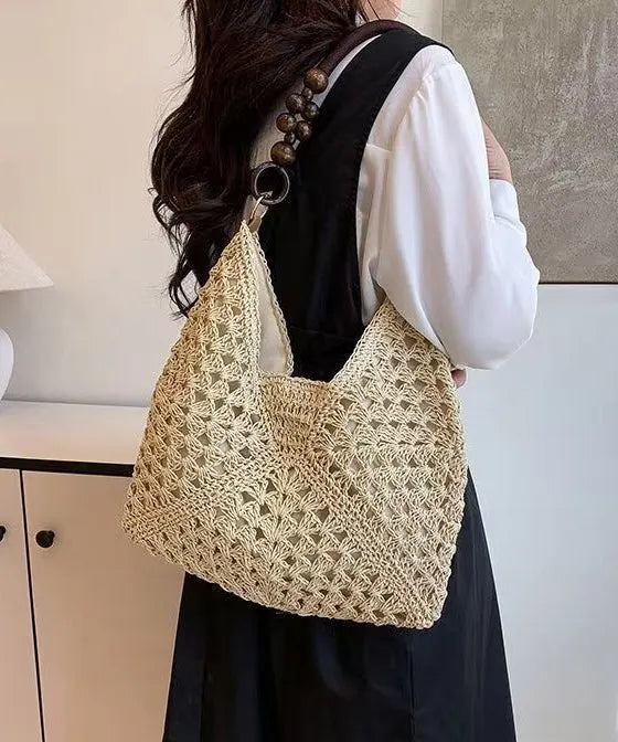 Art Brown Hollow Out Knit Fabric Shoulder Bags