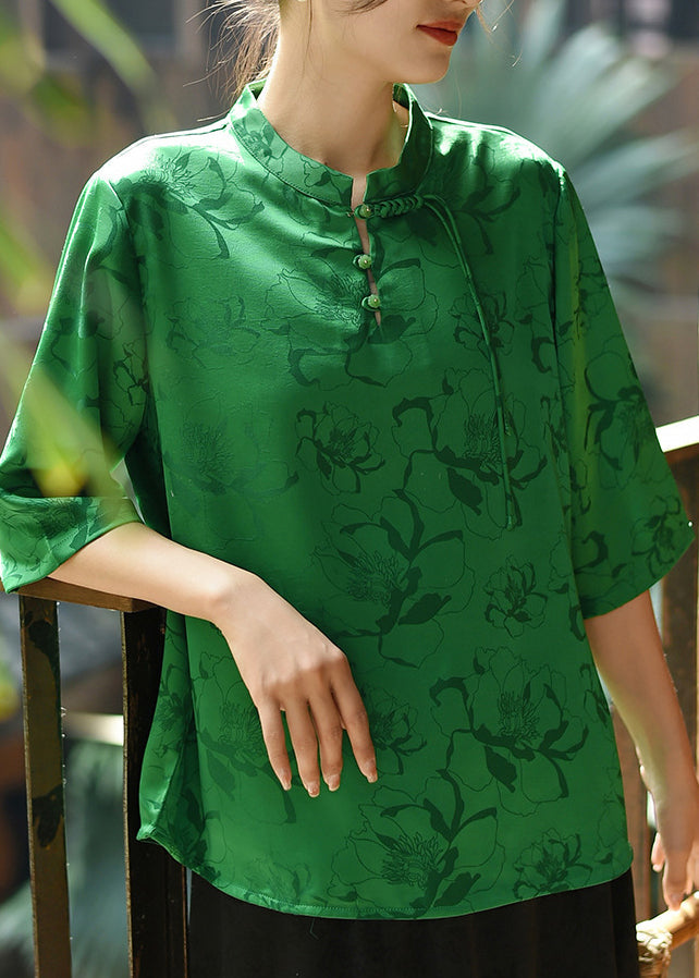 Loose Beige Stand Collar Tassel Jacquard Silk Shirt Summer