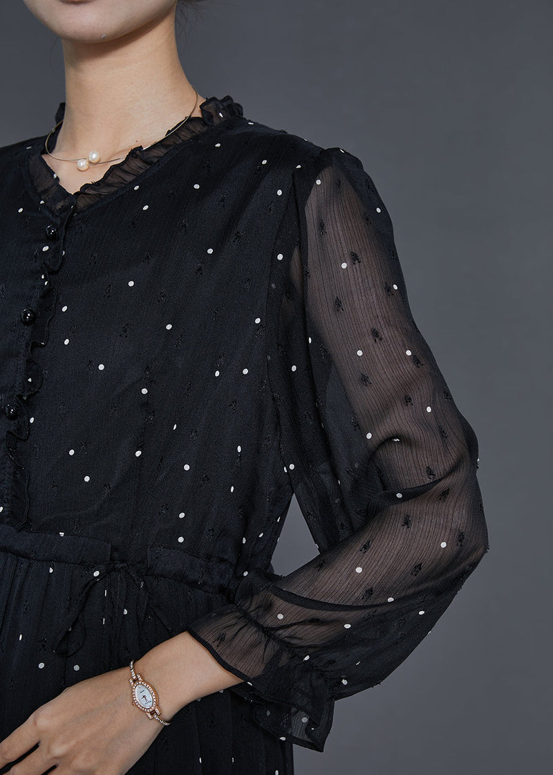 Black Tie Waist Dot Chiffon Long Dress Fall