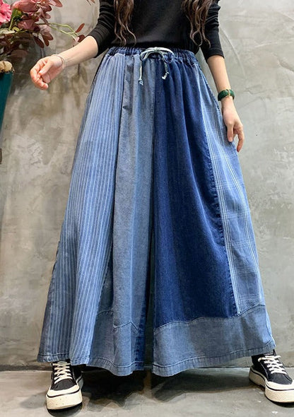 Drawstring Elasticity Plaid Split-joint Ninth Denim Pants