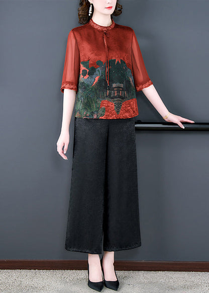 Green Print Tops and Pants Silk Two Pieces Set Summer