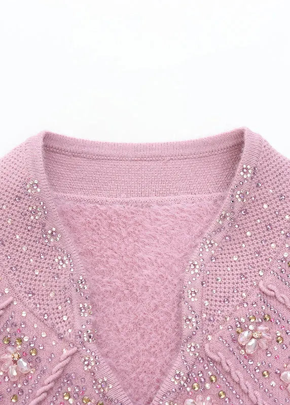 Fitted Pink O Neck Zircon Warm Fleece Knit Sweaters Spring