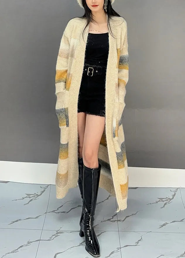 Yellow Striped Pockets Knit Long Cardigan Winter