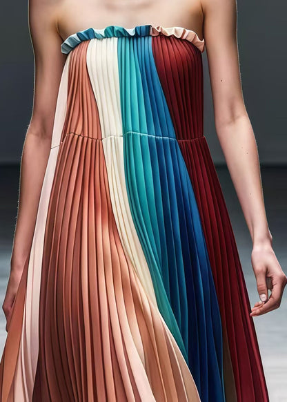Colorblock Ruffled Chiffon Strapless Pleated Dress Summer