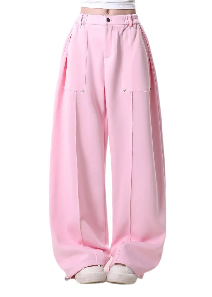 Pink Elastic Waist Cotton Straight Pants Spring