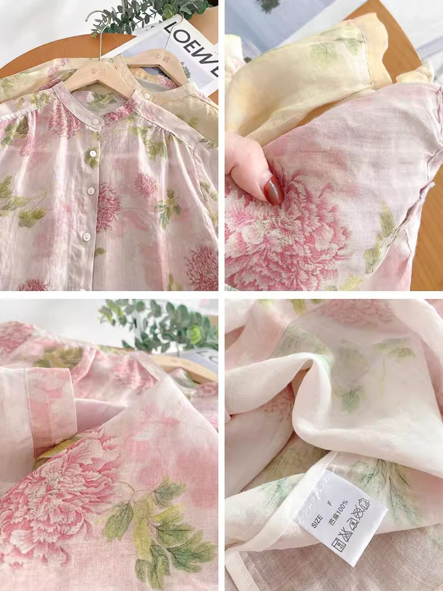 Summer Flower Ramie Button-up Shirt