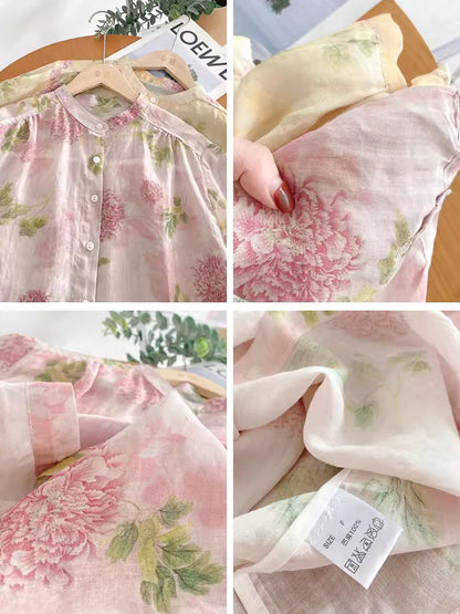Summer Flower Ramie Button-up Shirt
