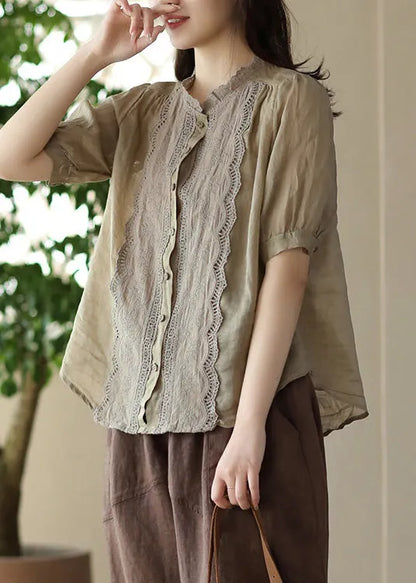 Khaki O-neck Embroidered Ramie Shirt Summer