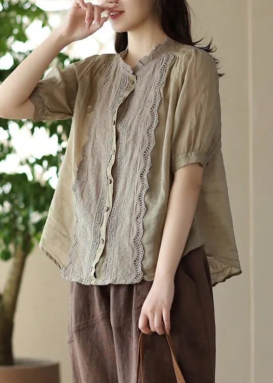 Khaki O-neck Embroidered Ramie Shirt Summer