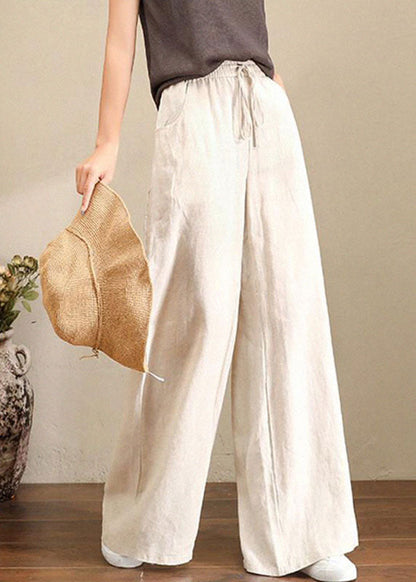 Orange-print1 Elastic Waist Linen Straight Pants Color Drawstring Summer