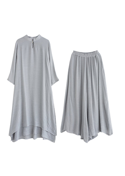 Grey Linen Two Piece Set Tops and Pants Clothing Spring Summer