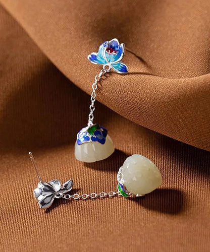 Blue Silver Jade Drop Cloisonne Lotus Earrings