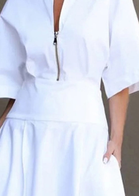 Boutique White Zip Up Pockets Patchwork Cotton Dresses Summer