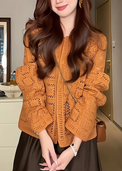 Stylish Orange O-neck Cotton Knit Cardigans Long Sleeve