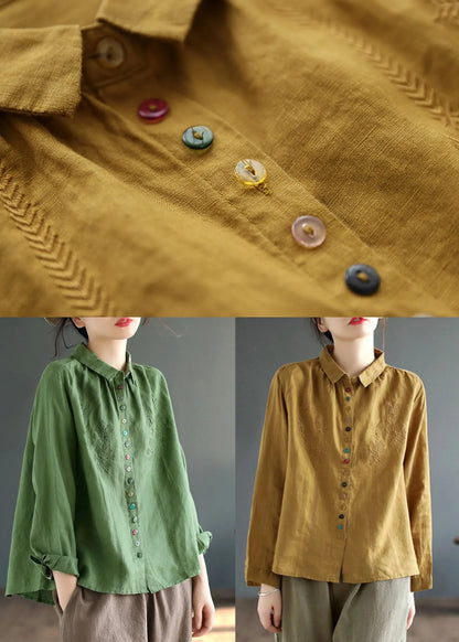 Yellow Peter Pan Collar Embroidered Linen Blouse Tops Fall