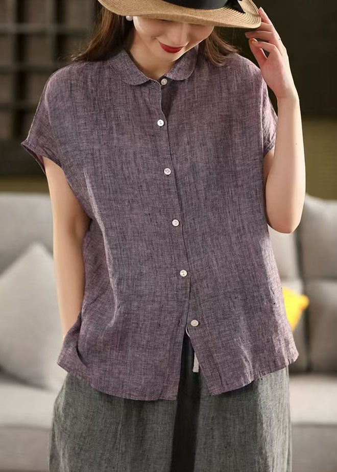 Purple Peter Pan Collar Linen Shirt Top Summer