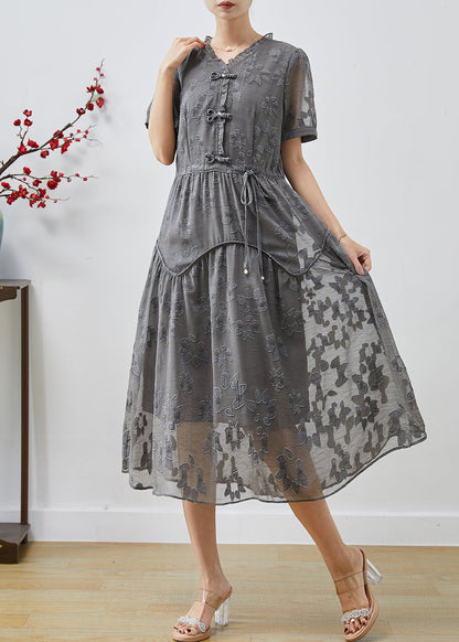 Grey Cinched Jacquard Chiffon Dress Summer