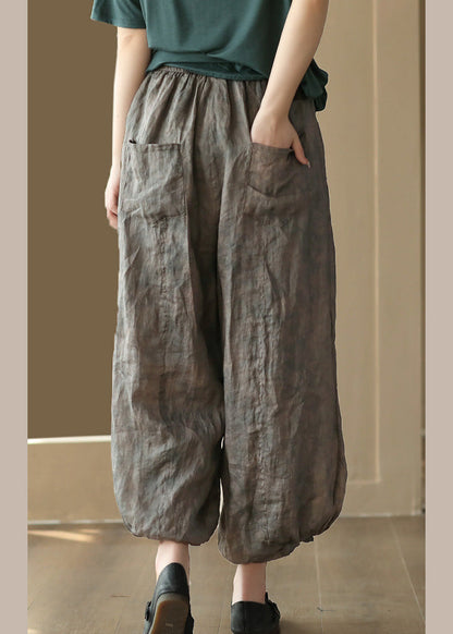 Grey Elastic Waist Ramie Lantern Pants