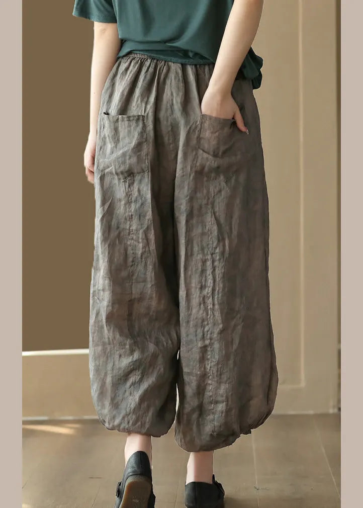 Grey Elastic Waist Ramie Lantern Pants
