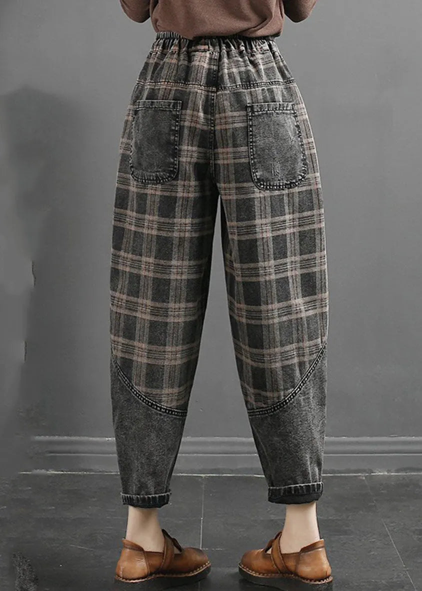 Grey Striped Plaid Patchwork Elastic Waist Crop Pants Fall