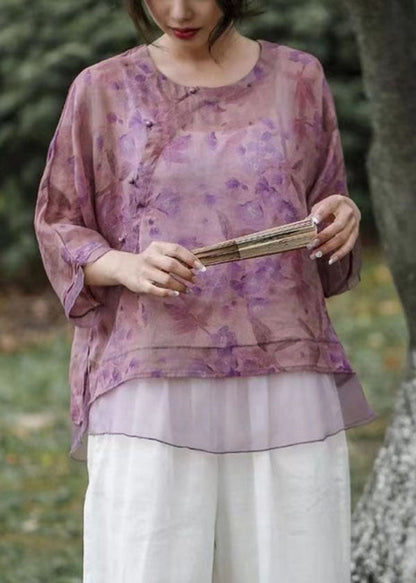 Purple Print Chinese Button Patchwork Linen Top Summer