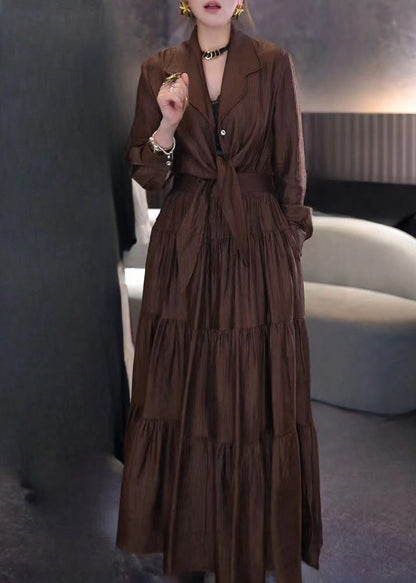 Vogue Coffee Notched Wrinkled Patchwork Tie Waist Maxi Dress Spring