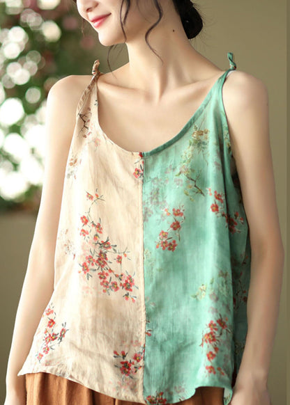 Yellow Green Print Linen Spaghetti Strap Top Summer