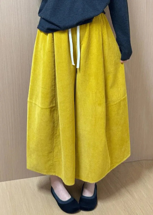 New Yellow Lace Up Elastic Waist Corduroy Crop Pants Fall