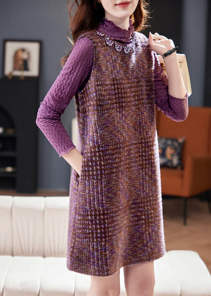 Slim Fit Purple Zircon Pockets Tank Dress and T Shirt Cotton Two Pieces Set Winter