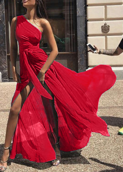 Green One Shoulder Side Open Chiffon Dress Summer