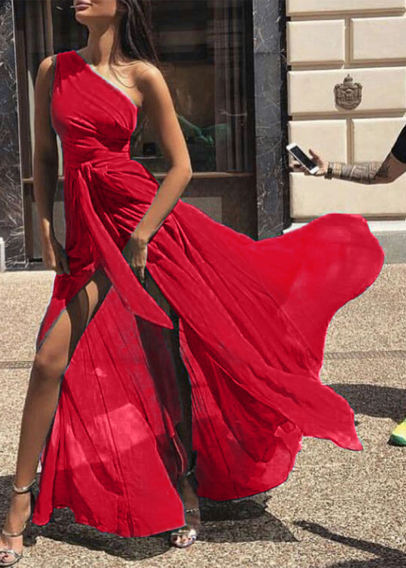 Green One Shoulder Side Open Chiffon Dress Summer