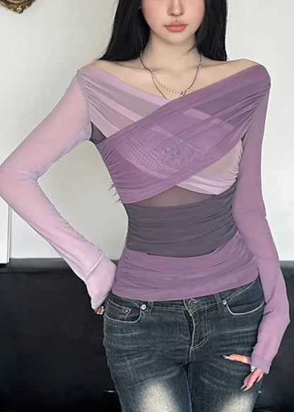 Slim Fit Purple Asymmetrical Patchwork Tulle T Shirts Spring