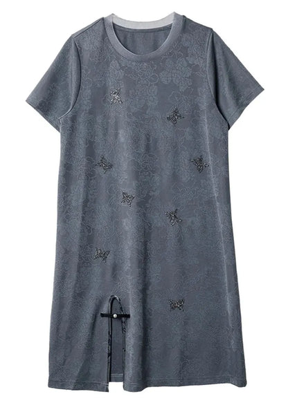 Grey O Neck Zircon Jacquard Side Open Silk Dresses Summer