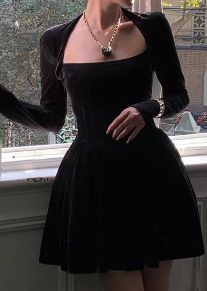 Red Square Collar Silk Velvet Mid Dress Spring