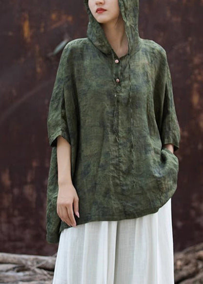 Blackish Green Print Button Hooded Top Summer