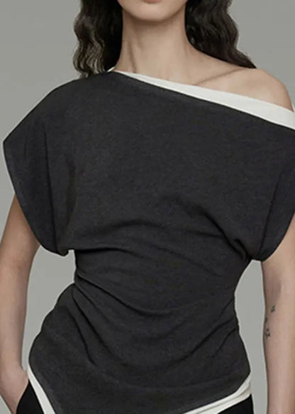 Dark Grey Cold Shoulder Asymmetrical Design Cotton Top Summer